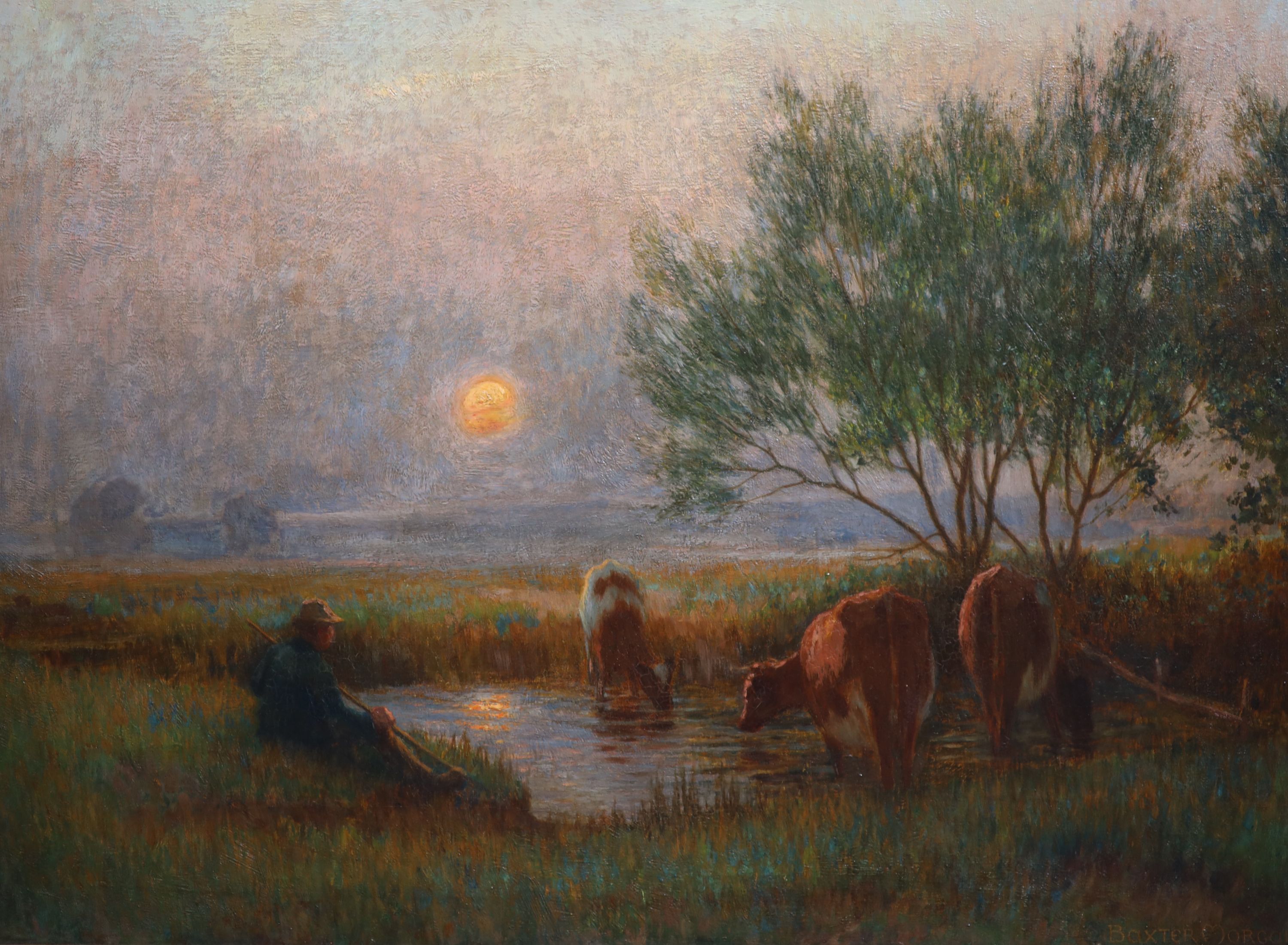 Owen Baxter Morgan (fl.1905-1932), Cattle watering at sunset, oil on canvas, 54 x 74cm